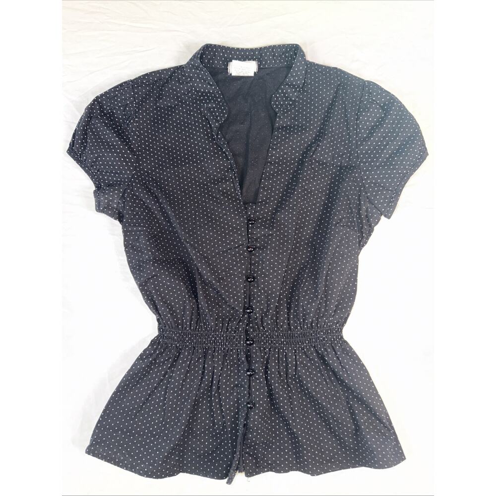 Vintage Polka Dot Blouse Womens Large Black White Peplum Button Top USA Made